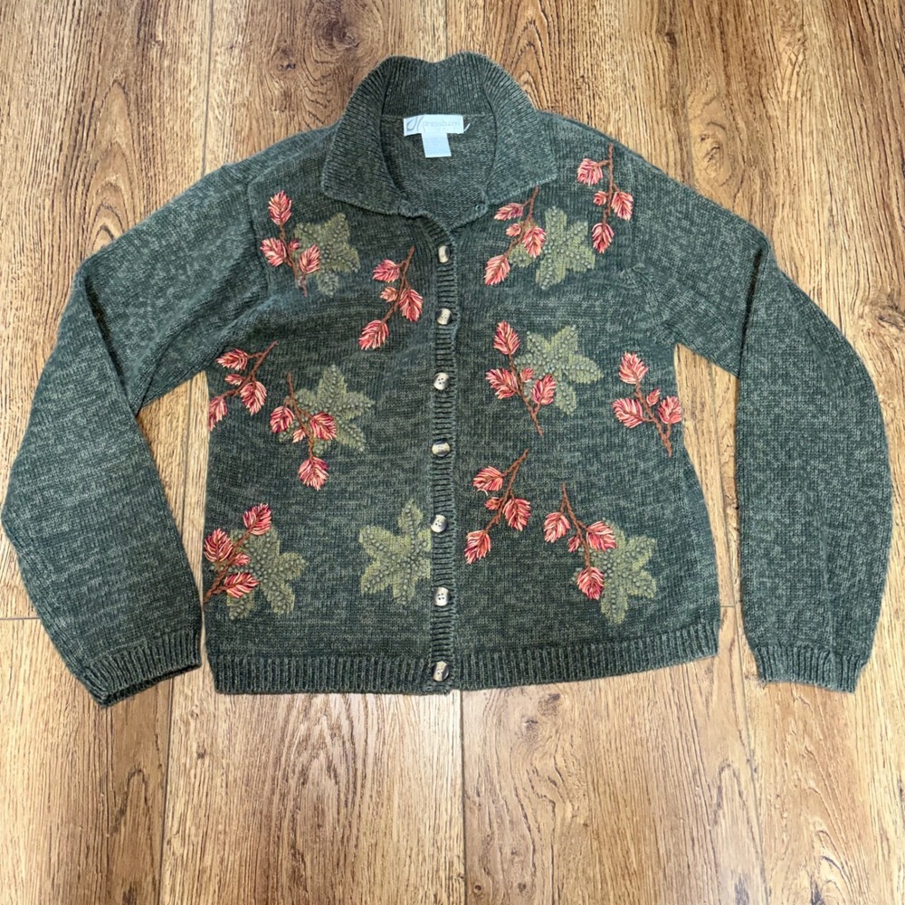Dressbarn‎ Green Embroidered Leaf Button Front Cardigan Sweater Petite S Cottage